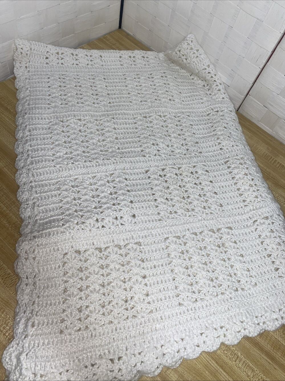 Handmade New Crochet Baby Blanket Boy Or Girl Solid White 57” x 43”